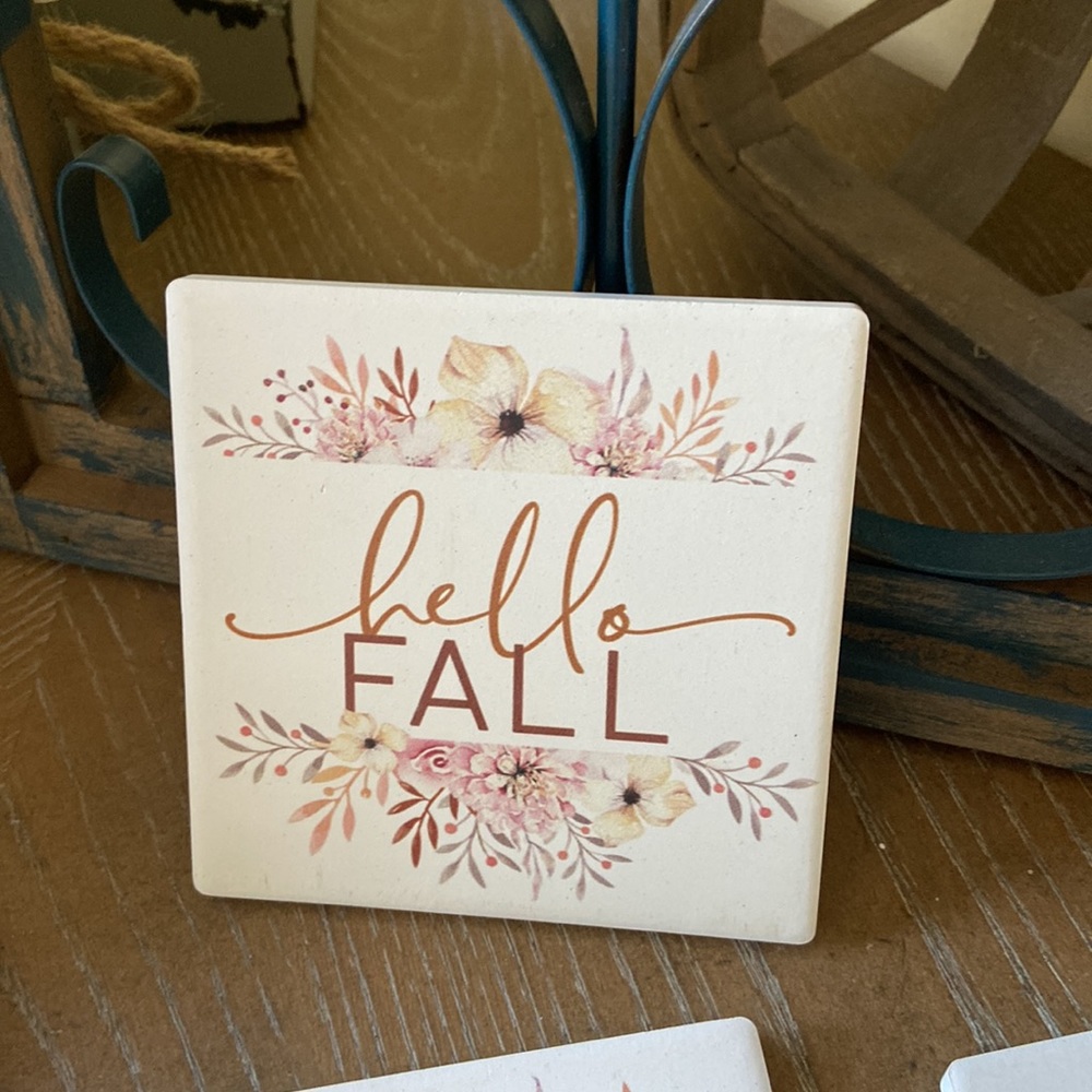 NEW! Shabby Chic Hello Fall Floral Autumn Harvest Ceramic Stoneware Coaster Set - Picture 9 of 10